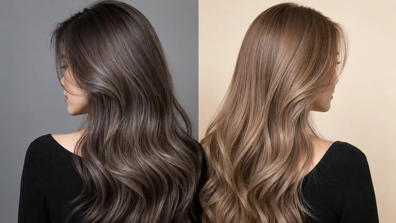 Ash brown and milk tea hair colours side by side on two Malaysian women
