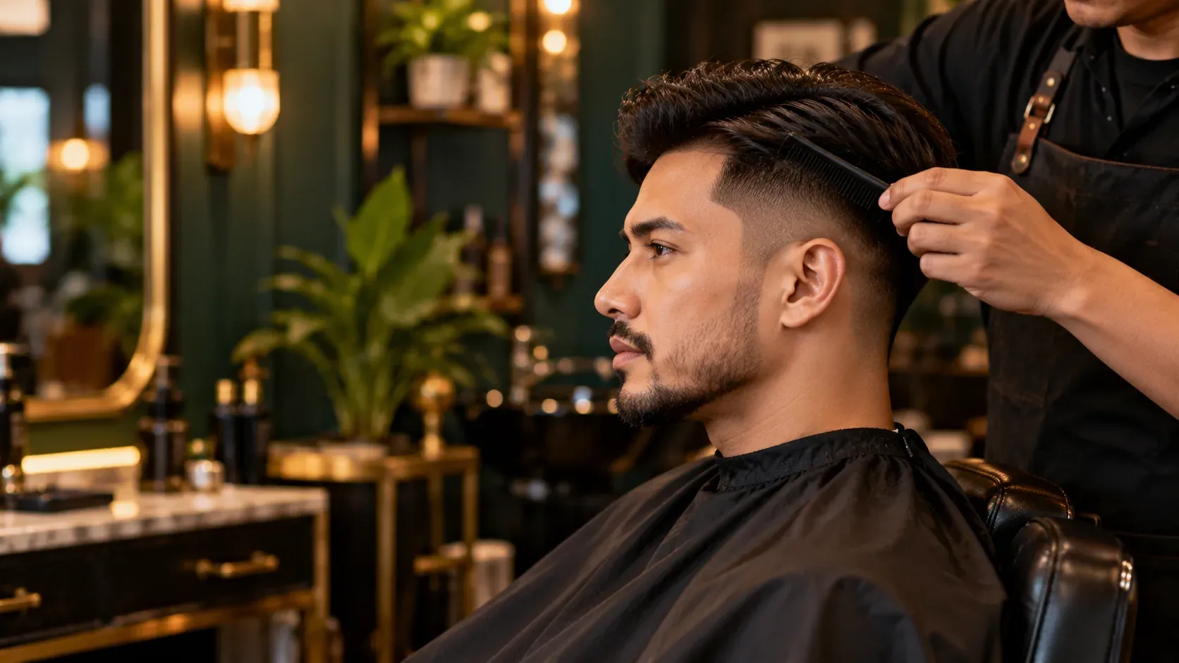 Man with a fade haircut and shaped beard in the barber chair while the barber checks the cut with a comb