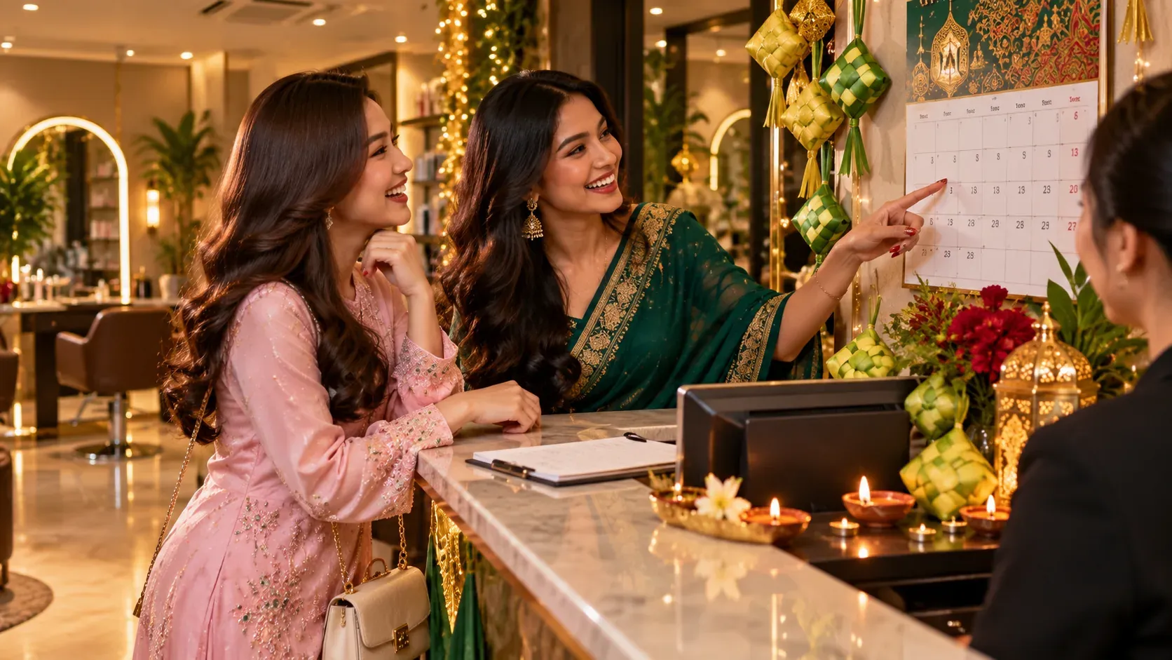 Two friends in festive outfits booking salon appointments at a reception decorated for Raya and Deepavali