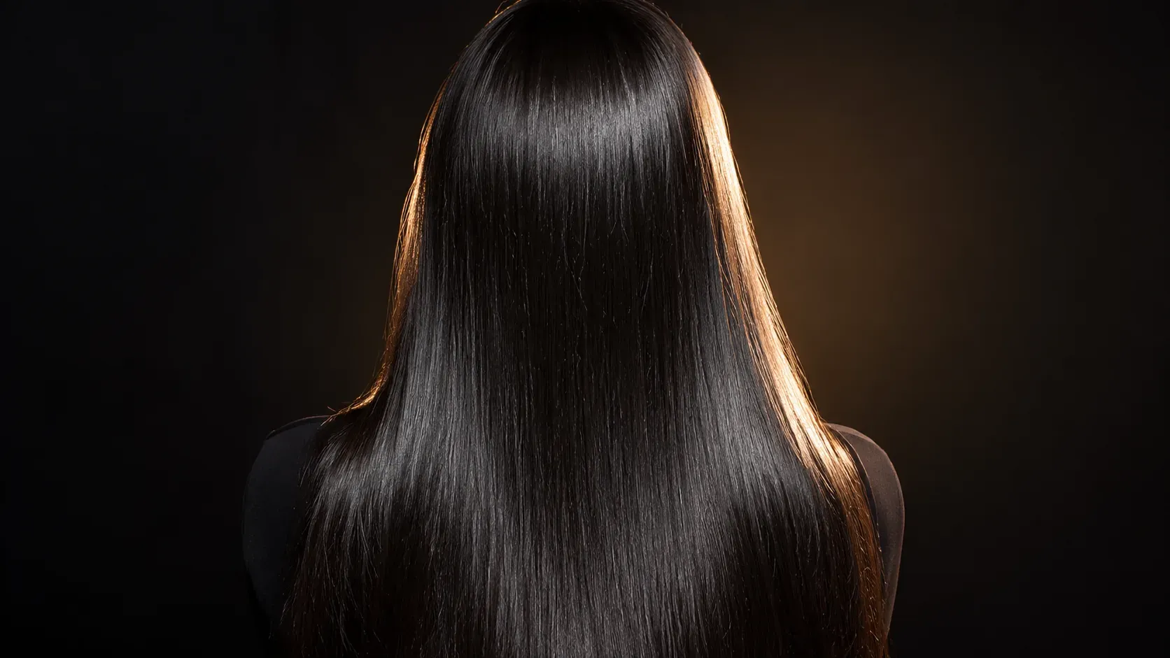 Long, perfectly straight, glossy black rebonded hair seen from behind