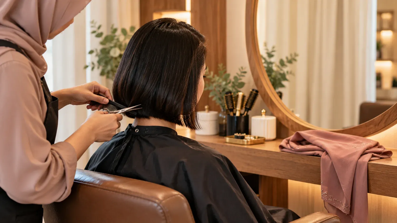Woman with a neat blunt bob in a private Muslimah-friendly salon room, hijab folded beside her