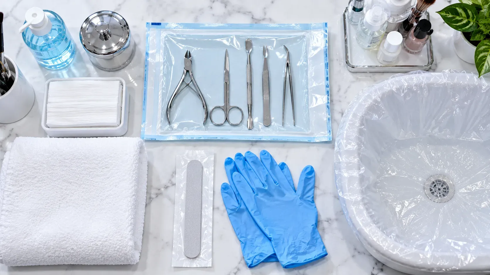 Sealed sterilised manicure tools, a wrapped nail file, gloves and a lined pedicure basin on a clean counter