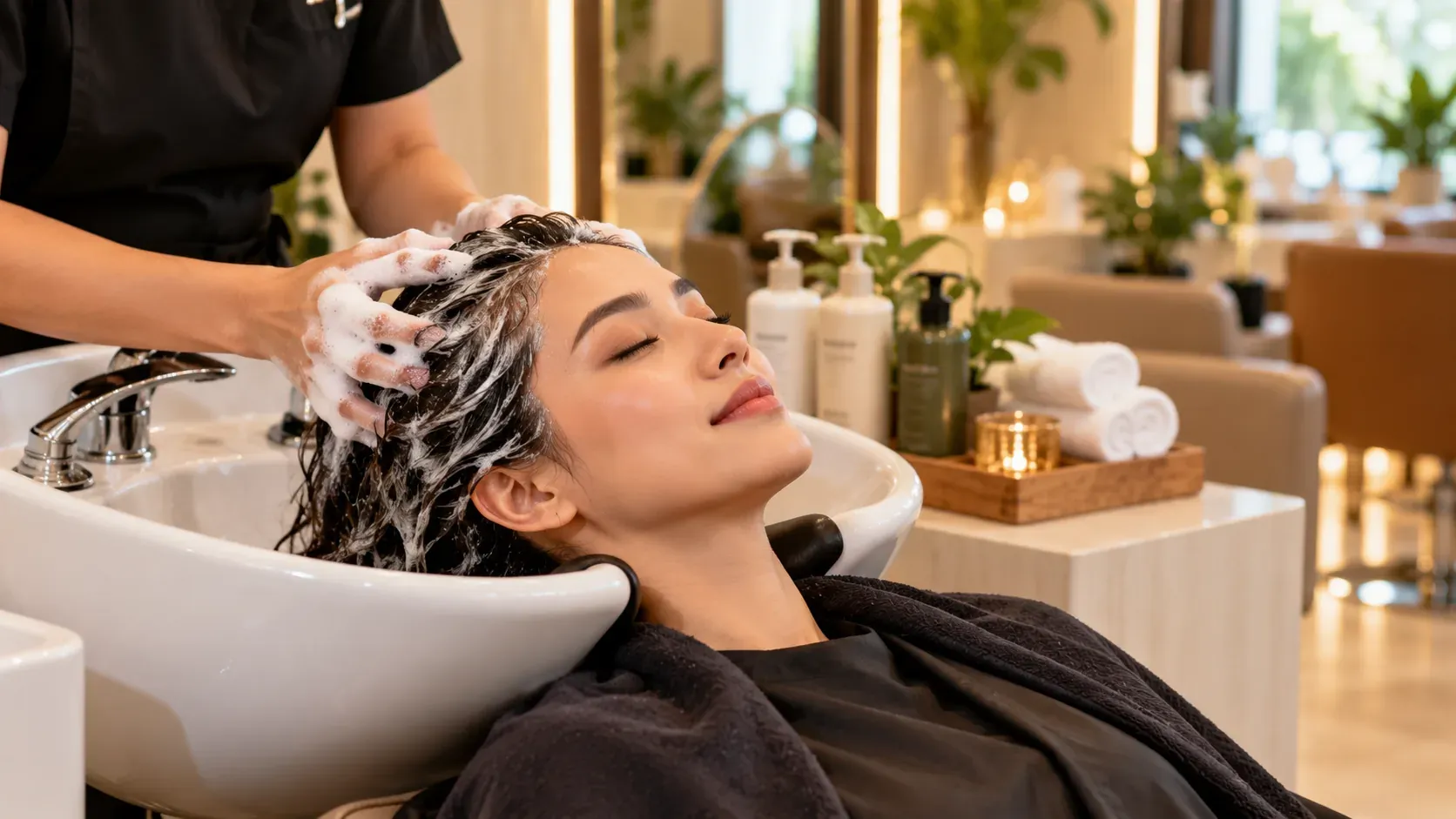 Client relaxing at the wash basin while a stylist works a salon hair treatment through her hair