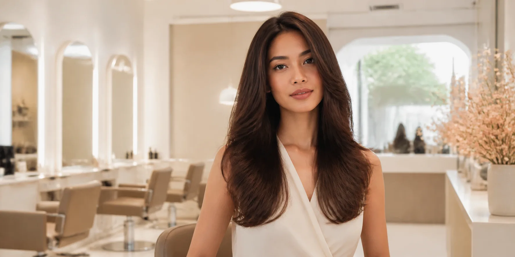 Woman with glossy layered hair in a bright salon