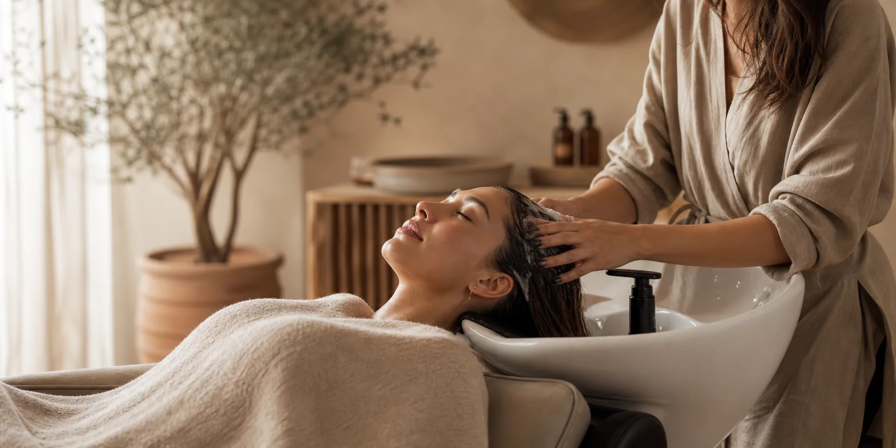 Relaxing head spa treatment in a warm salon interior