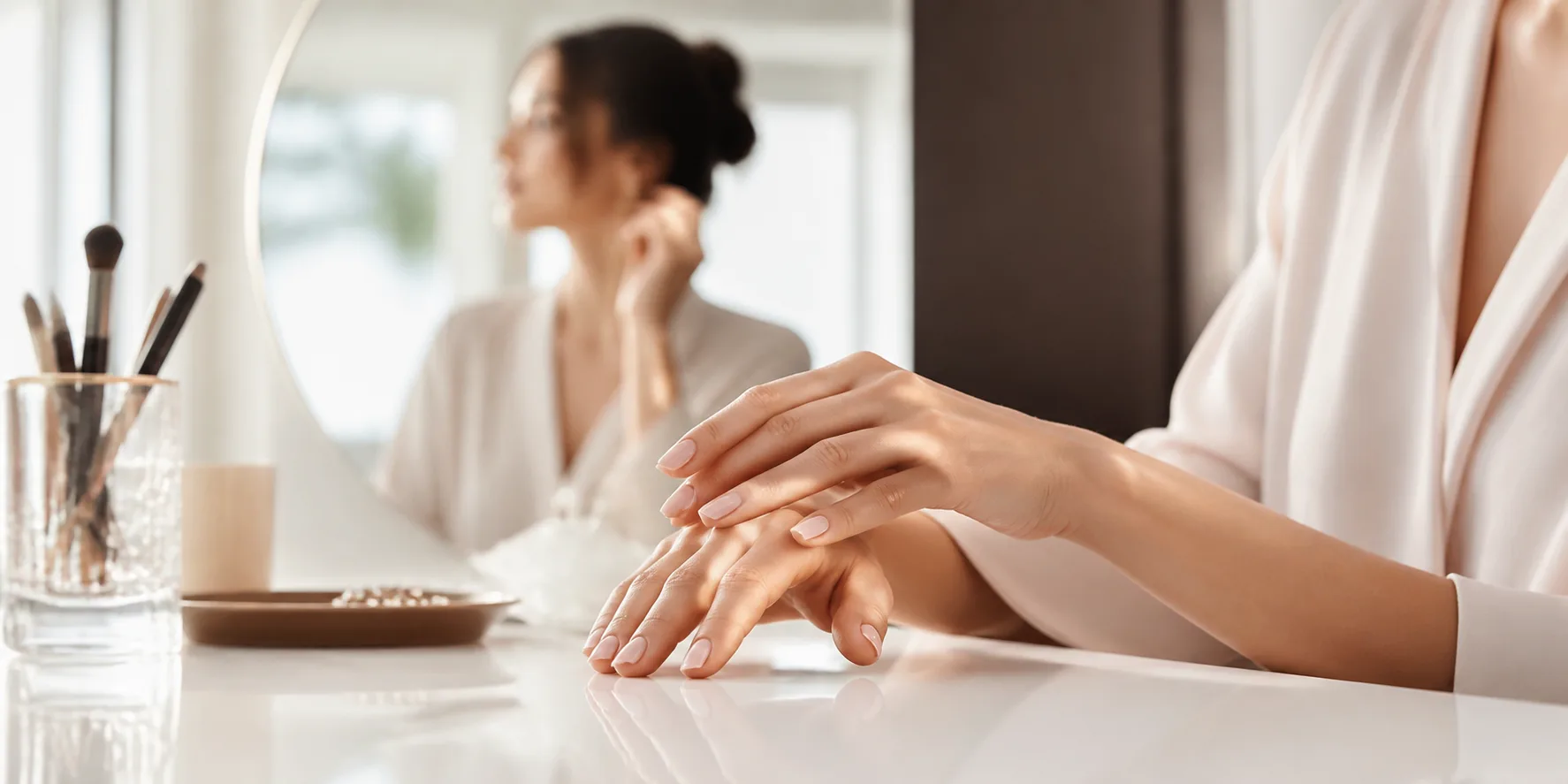Elegant manicure ritual in a softly lit beauty studio
