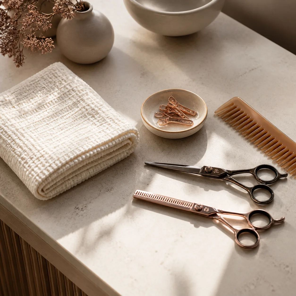 Thoughtful salon tools arranged on a counter