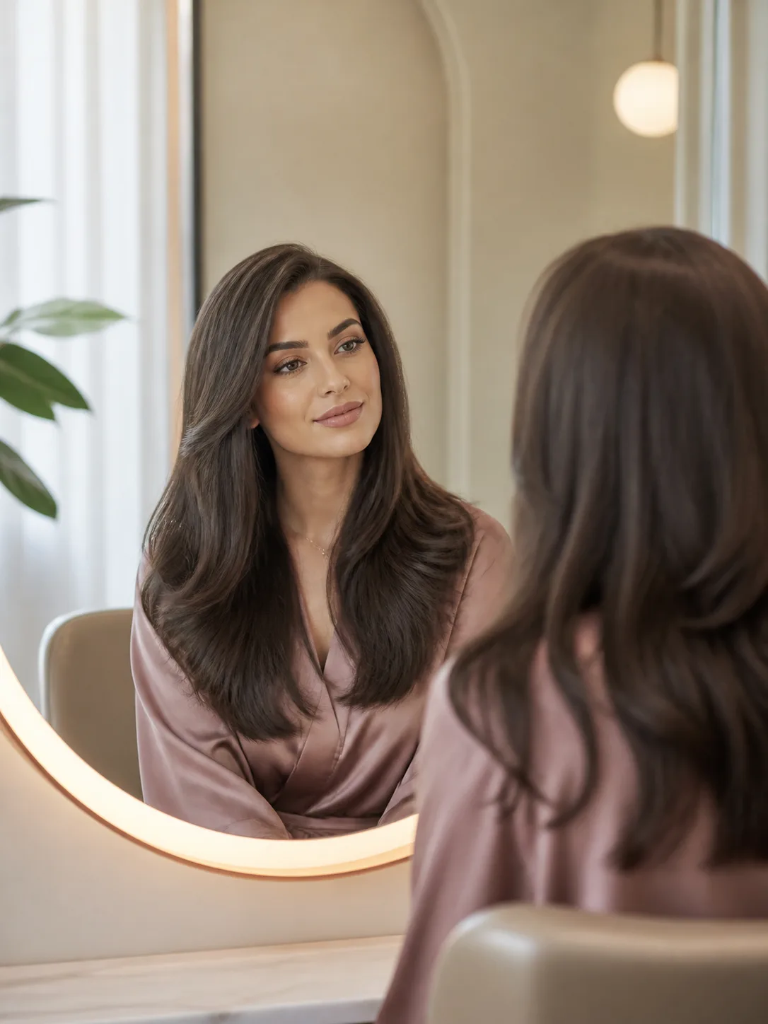 Woman looking into a salon mirror